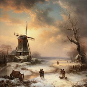 Niederländische Winterlandschaft mit Windmühle