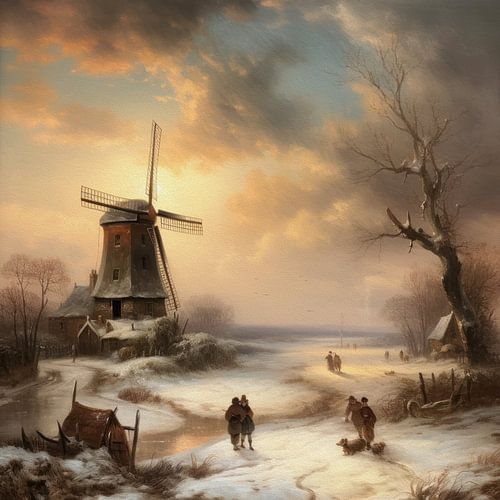 Hollands winterlandschap schilderij met molen