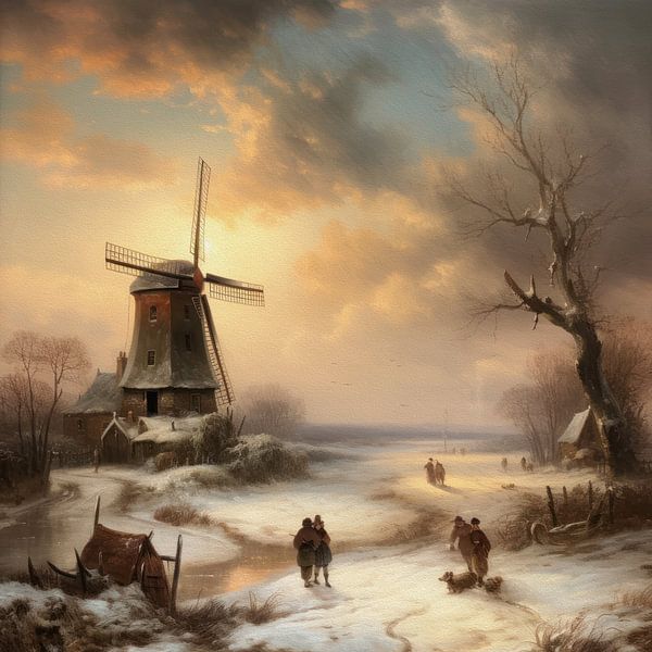 Hollands winterlandschap schilderij molen Preet Lambon op behang meer
