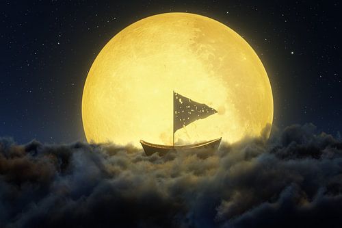 Verlaten boot met grijze zeilen vliegt over wolken en wordt verlicht door de maan