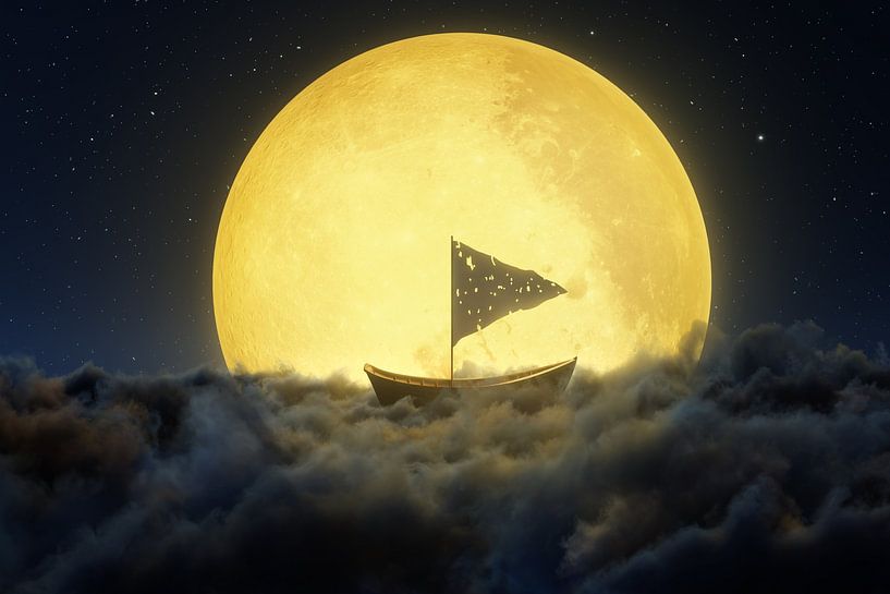 Abandoned boat with holey sails flies over clouds and is illuminated by the moon by Besa Art