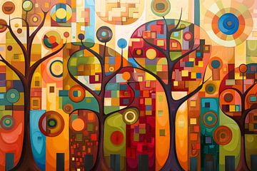 Abstracte bomen in stedelijke kleurenpracht van De Muurdecoratie