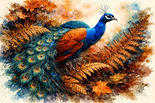 Pfau mit Farnen