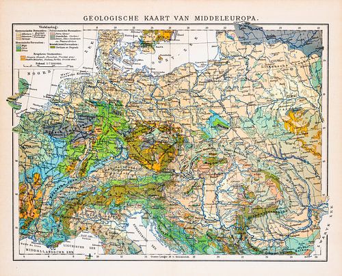 Centraal Europa, geologisch. Vintage kaart ca. 1900