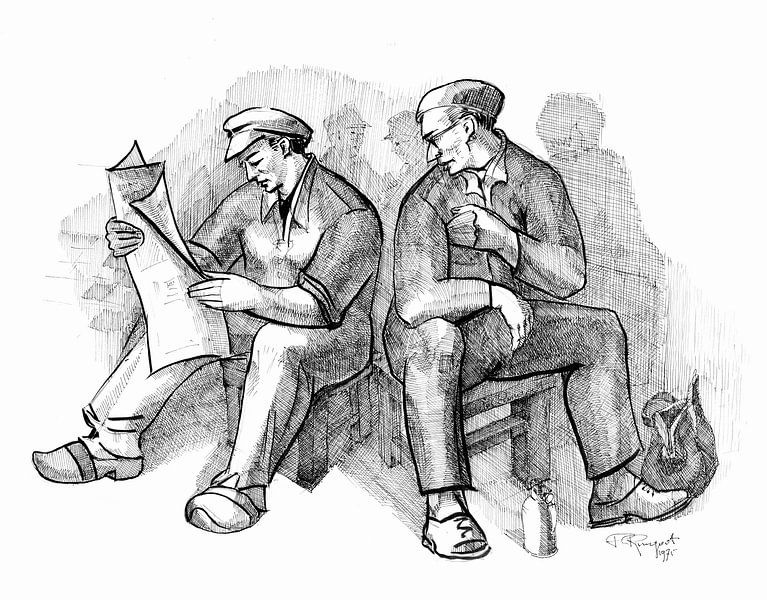 Two workers during their lunch break- pen and ink on paper 1975 by Galerie Ringoot