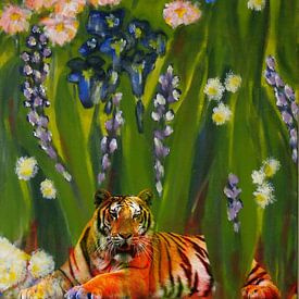 Tiger between flowers by Caroline van Gein