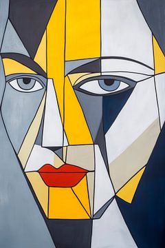 Abstract portret in geel en grijs van Poster Art Shop