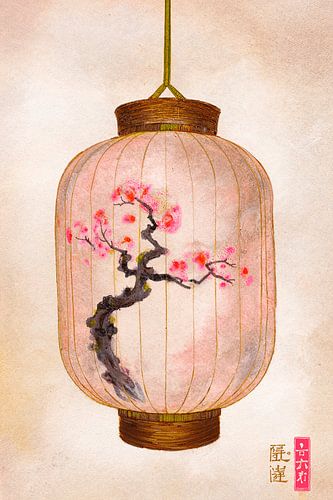 Oriental lantern with pink cherry blossom and calligraphy