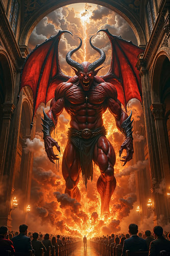 Dark Fantasy Art Wandbild: BELTHARON - Satan erscheint seinen Jüngern in einer Kathedrale
