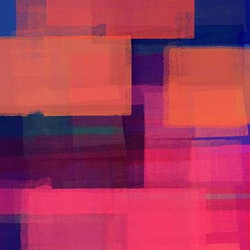 Abstract landscape. Color blocks in neon pink, cobalt blue, warm  orange. by Dina Dankers