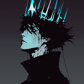 Dark Anime King Muurkunst - Gotisch Mannelijk Portret met Blauwe Kroon Moderne Print van Ramy Salah Hefny
