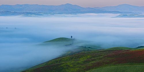 Landschap kort voor zonsopgang rond Volterra, provincie Pisa, Toscane