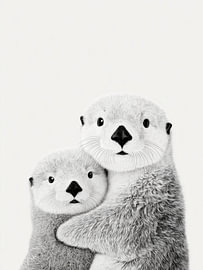 Otter Family Hug – Black and White Animal Art