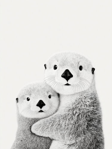 Otterfamilie in Umarmung – Tierkunst in Schwarzweiß
