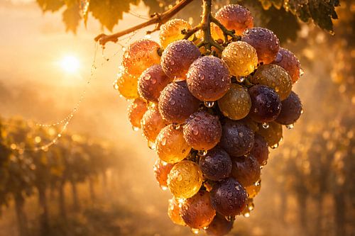 Verse druiven in de ochtenddauw – Gouden druivenoogst bij zonsopgang