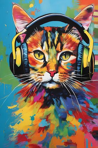 Kat met kleurrijke koptelefoon