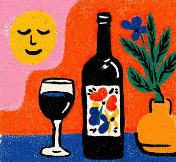Bouteille de vin | Verre à vin et bouteille florale sur OMG Art