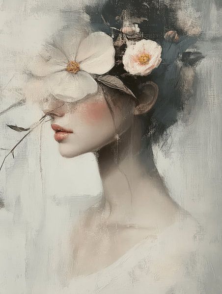 Portret met een romantische uitstraling in wit van Carla Van Iersel