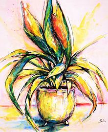 Flower pot with plant. ( 2) Hand-painted.