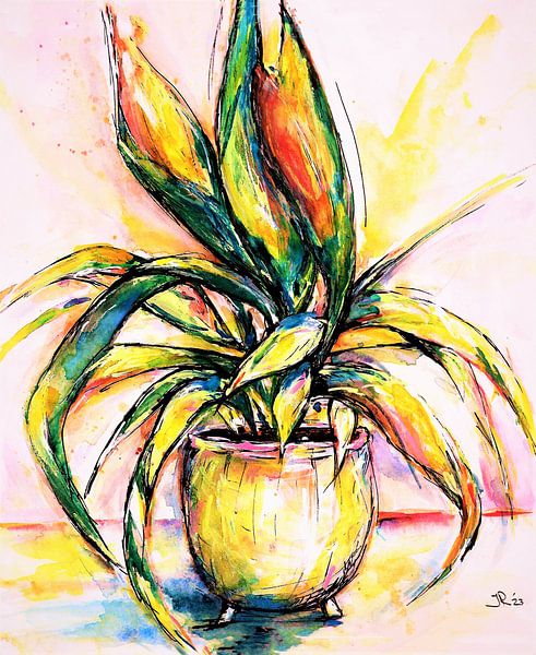 Flower pot with plant. ( 2) Hand-painted. by Ineke de Rijk