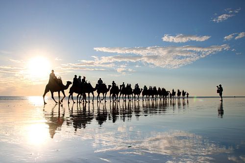 Kamelen en Fotograaf: Spiegeling bij Zonsondergang op Strand van Broome, Australië