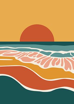 Zonsondergangen aan de kust met abstracte golven, opvallende kleurvlakken en gestileerde kustlijnen. Minimalistische retro-illustratie van de natuur in effen kleuren op posterformaat.
