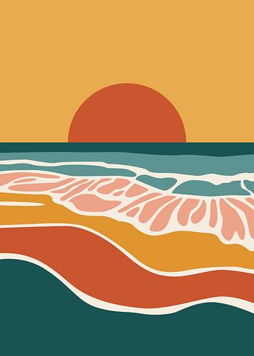Des scènes de coucher de soleil sur la côte, avec des vagues abstraites, des aplats de couleurs vives et des rivages stylisés. Affiche minimaliste aux couleurs unies, inspirée d'une illustration rétro sur le thème de la nature.