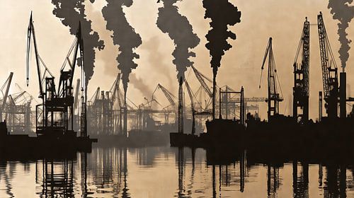 Industriële haven bij zonsondergang