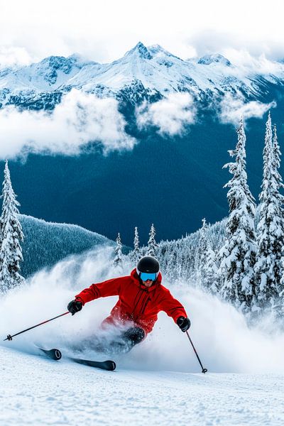 Skifahrer in den schneebedeckten Bergen von Poster Art Shop