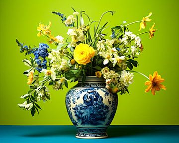 Bouquet de fleurs sauvages dans un vase Deft Blue sur Vlindertuin Art