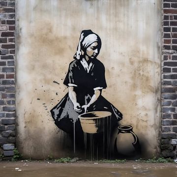 Vermeer an der Wand | Banksy-Stil | Graffiti von Blikvanger Schilderijen
