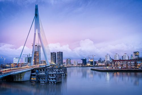 Evening photo of the Rotterdam skyline and the Erasmus Bridge.