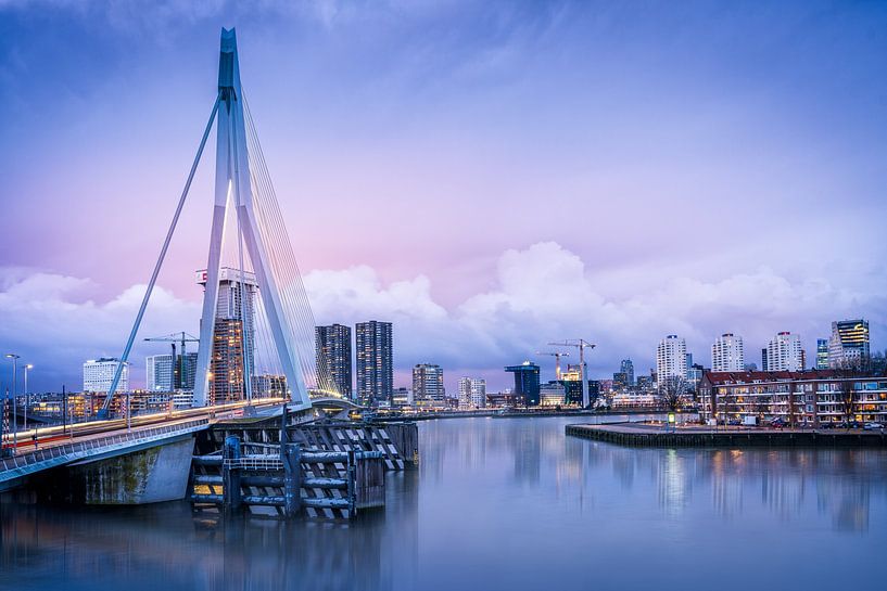 Avondfoto van de Skyline van Rotterdam en de Erasmusbrug. van Bart Ros