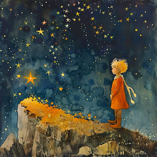 Sternenkind in der Nacht, dekorative Illustration. von Vlindertuin-Art