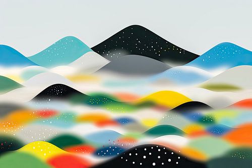 Paysage abstrait avec des collines aux contours doux et des formes colorées en suspension
