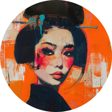 Krachtig Geisha Portret met Oranje Achtergrond en Moderne Expressie