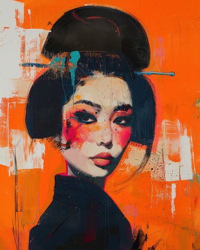 Portrait d'une puissante geisha sur fond orange et expression moderne
