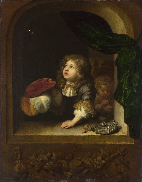 Two Boys blowing Bubbles, Caspar Netscher by Masterful Masters
