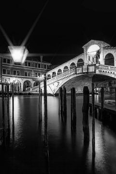 VENICE Rialto Bridge at Night in black and white by Melanie Viola