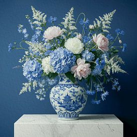 Nature morte moderne et classique : Bouquet de fleurs sur vase bleu de Delft sur Studio Pieternel