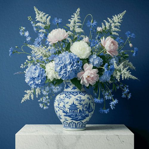 Modernes klassisches Stilleben: Blumenstrauß auf Delfter Blau Vase
