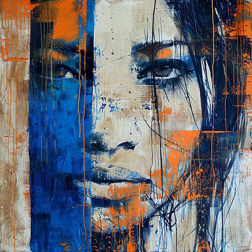 Portrait vintage d'une femme en orange et bleu