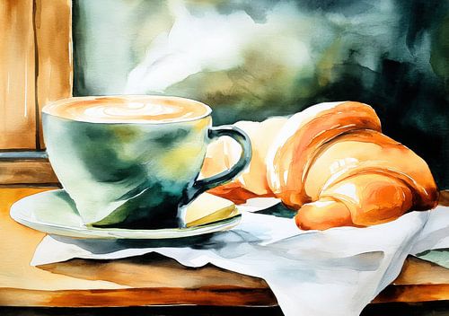 Koffie en croissant - aquarelscène
