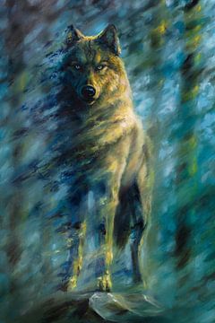Schilderij wolf in het woud