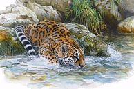 Realistische aquarel van een jaguar in water van Art & Soul Creations thumbnail