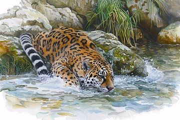 Realistische aquarel van een jaguar in water van Art & Soul Creations