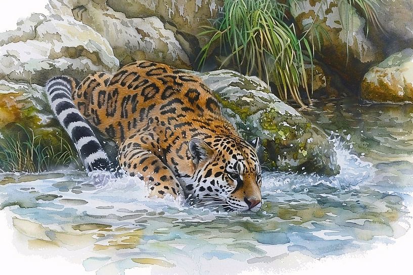 Realistische aquarel van een jaguar in water van Art & Soul Creations