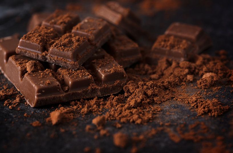 chocolat et poudre de cacao sur une plaque d'ardoise noire, plan macro, mise au point sélectionnée,  par Maren Winter