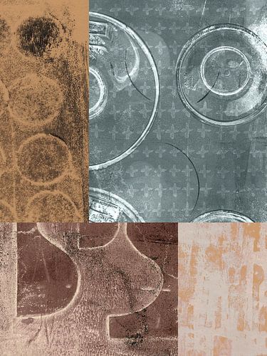 Abstracte organische en geometrische vormen. Collage in roestbruin en grijs.