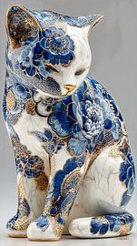 cat in delft blue and gold on a white marble background by Gelissen Artworks